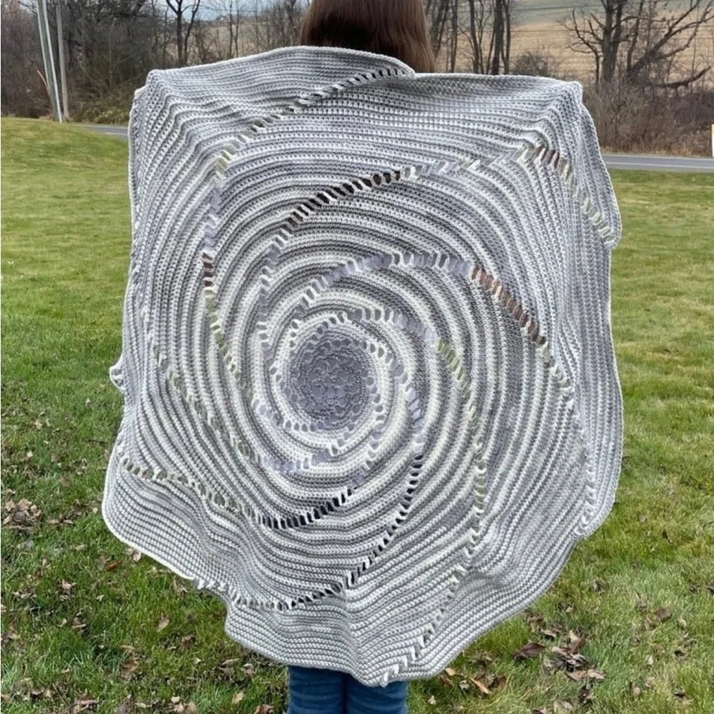 Hand Crocheted Gray Spiral Throw Blanket